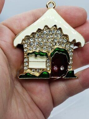 Gold plated and rhinestone gingerbread house large pendant / ornament
